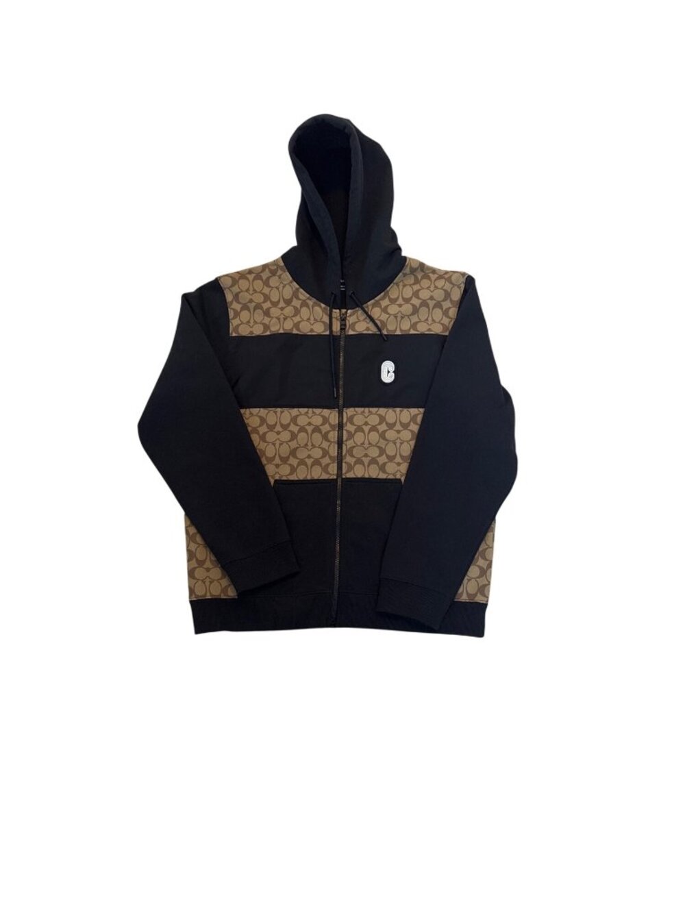 Coach Mens Full-Zip Hoodie With Signature Canvas Panel Black & Tan Size Xl